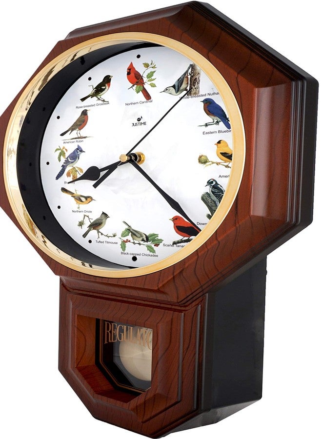 JUSTIME Unique 12 Northern Cardinal Bird's Song Schoolhouse Pendulum Wall Clock Chimes Every Hour Melody Sweep Silent Movement (TCBD-PP-RB-DW Wood Grain) - Image 2