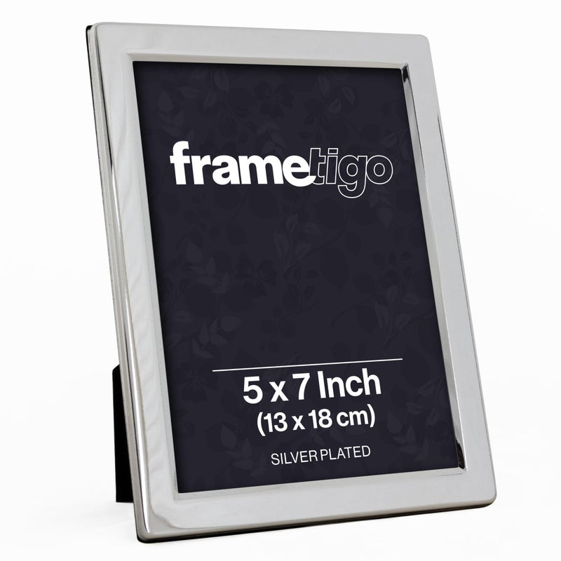 Frametigo  Silver Plated Flat Edge Photo Frame 5x7 13x18cm Photo Size  Velvet Frame Backing  Stand  Real Glass Window  TarnishResistant  Landscape or Portrait Orientation
