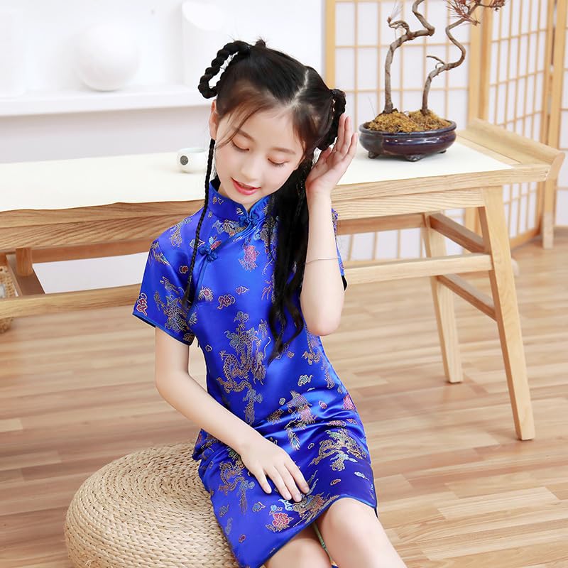 DLSNZ Girls Chinese Qipao Dress Dragon Pattern Short Sleeve Cheongsam Costume for Birthday Party Wedding (US, Age, 10 Years, 12 Years, Royal Blue Dragon) - Image 3