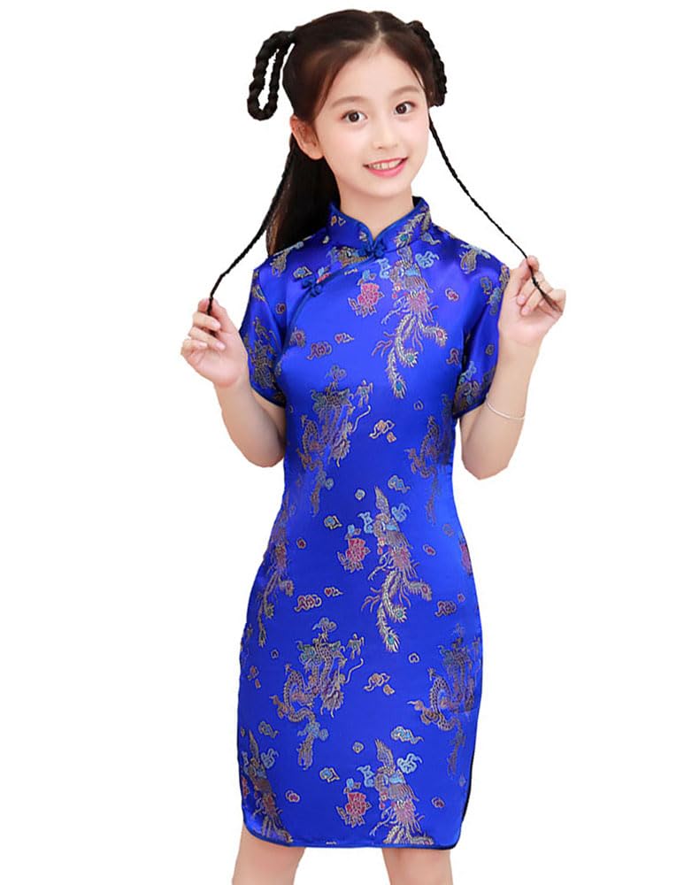 DLSNZ Girls Chinese Qipao Dress Dragon Pattern Short Sleeve Cheongsam Costume for Birthday Party Wedding (US, Age, 10 Years, 12 Years, Royal Blue Dragon) - Image 2