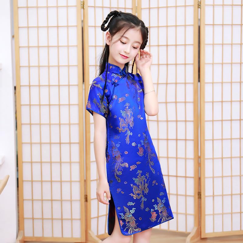 DLSNZ Girls Chinese Qipao Dress Dragon Pattern Short Sleeve Cheongsam Costume for Birthday Party Wedding (US, Age, 10 Years, 12 Years, Royal Blue Dragon) - Image 4