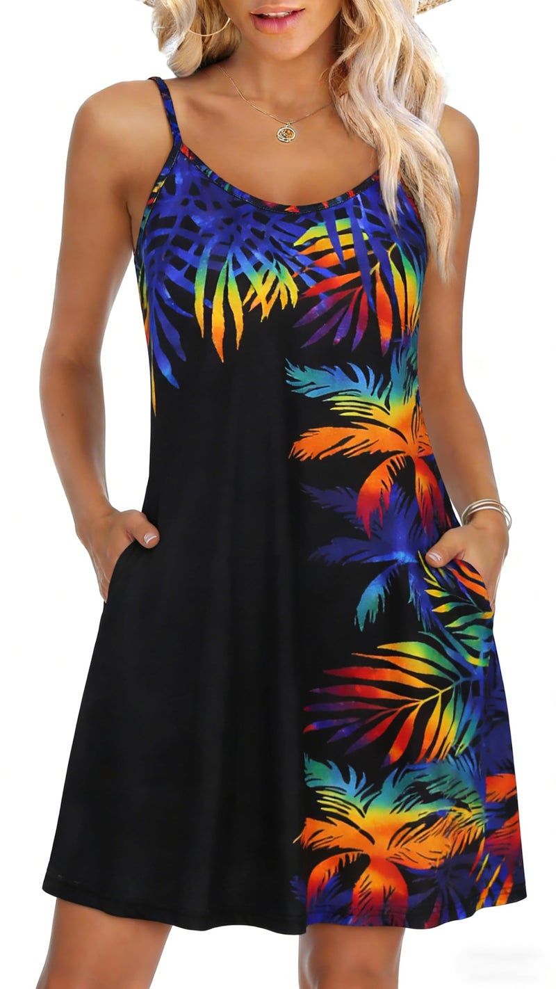 elescat Womens Summer Dresses Spaghetti Strap V Neck Casual Sleeveless Sundress Beach Cover Ups with Pockets (Colorful Coconut Tree, L) - Image 1