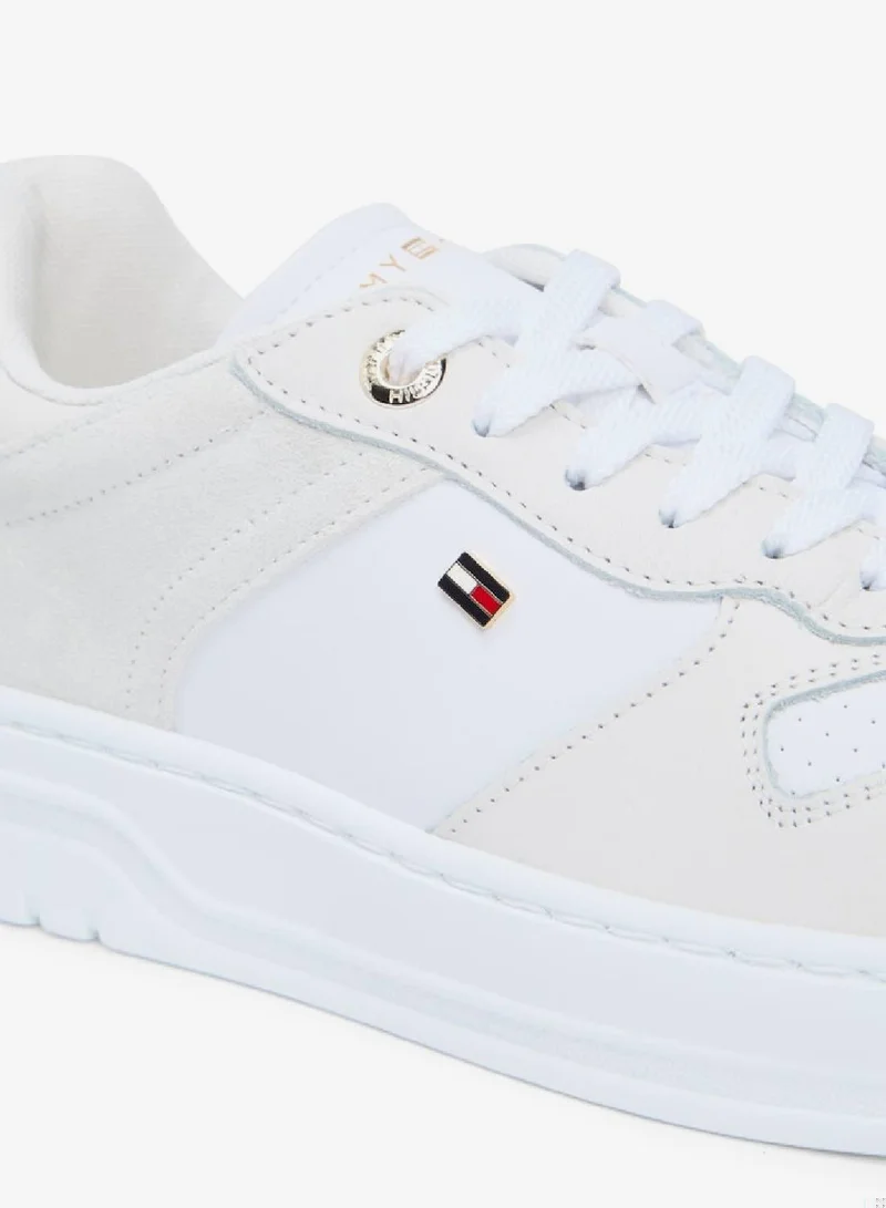 Tommy Hilfiger White/Light Grey Leather Mixed Texture Cupsole Trainers for Women | Best Price UAE