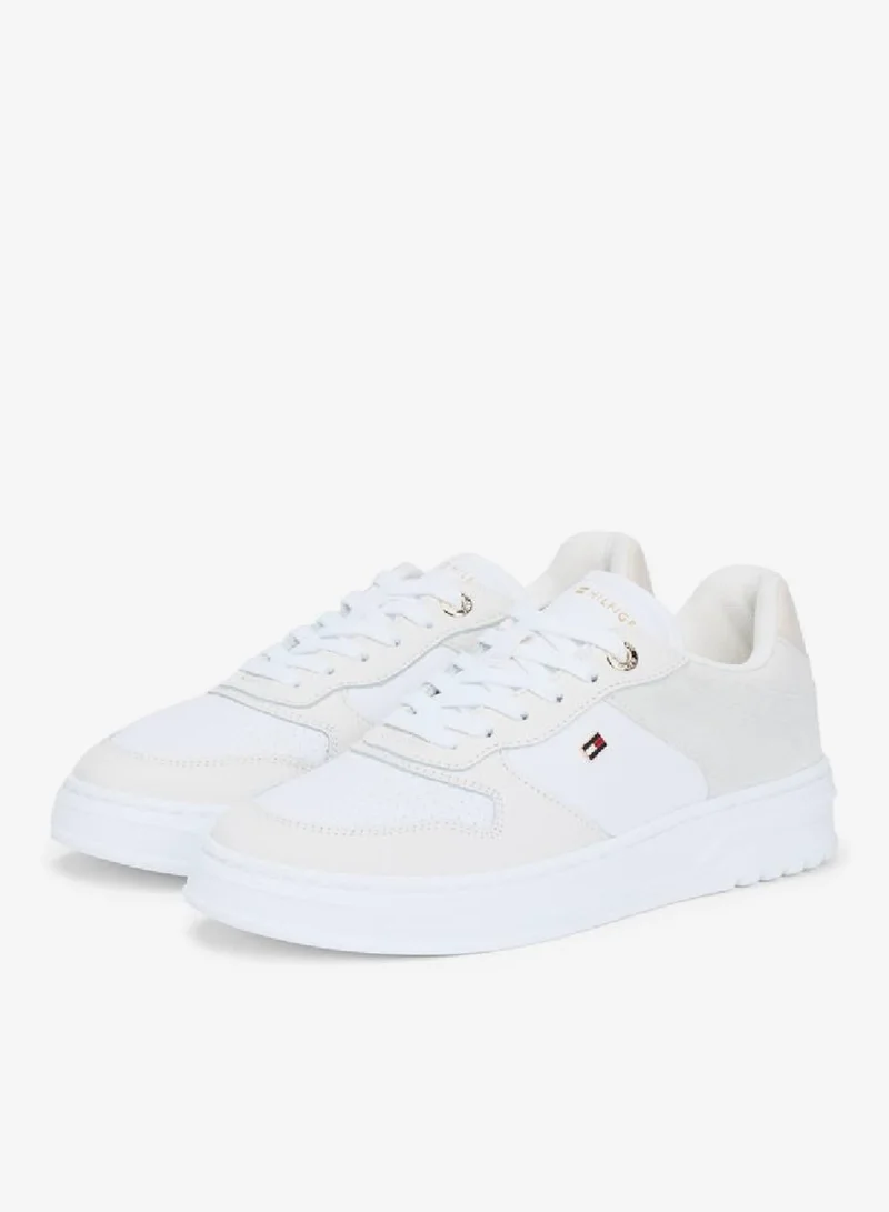 Tommy Hilfiger White/Light Grey Leather Mixed Texture Cupsole Trainers for Women | Best Price UAE