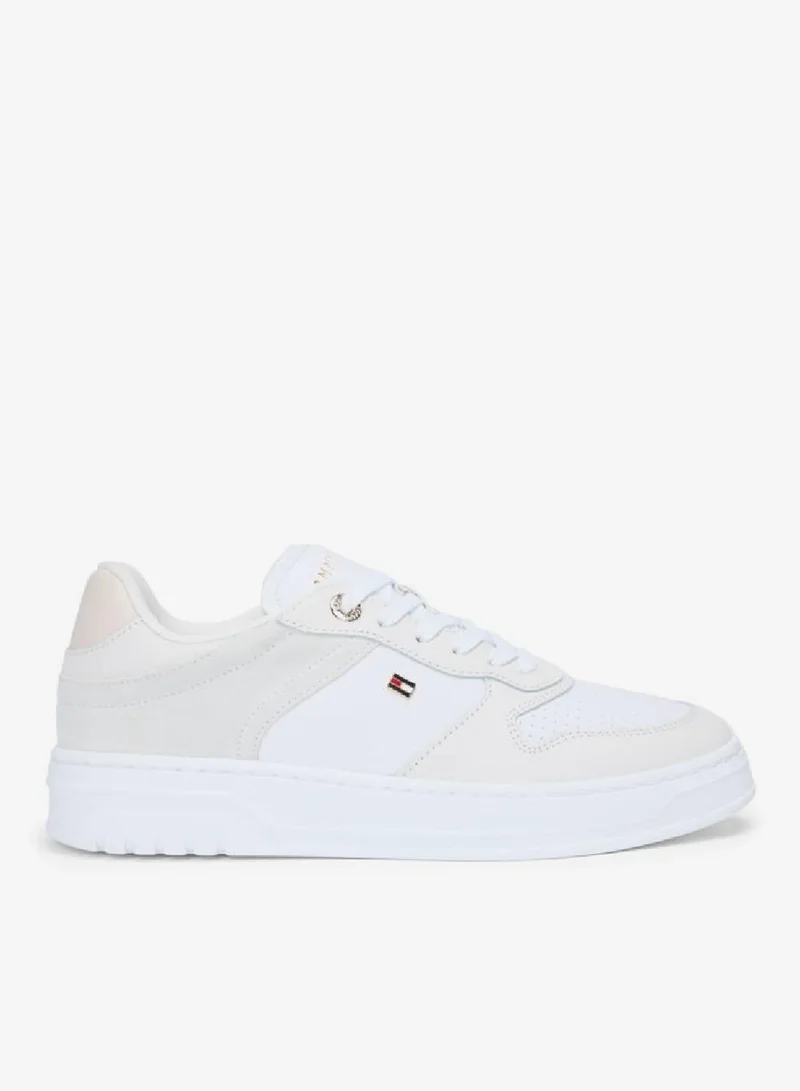 Tommy Hilfiger White/Light Grey Leather Mixed Texture Cupsole Trainers for Women | Best Price UAE