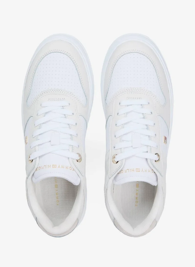 Tommy Hilfiger White/Light Grey Leather Mixed Texture Cupsole Trainers for Women | Best Price UAE