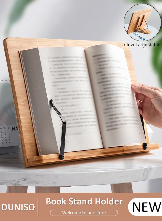 DUNISO حامل كتب خشبي، حامل كتب كبير مع 5 ارتفاعات قابلة للتعديل ومشابك صفحات، حامل كتب خشبي قابل للطي للكتب المدرسية والكتب الموسيقية والكمبيوتر اللوحي - Image 1