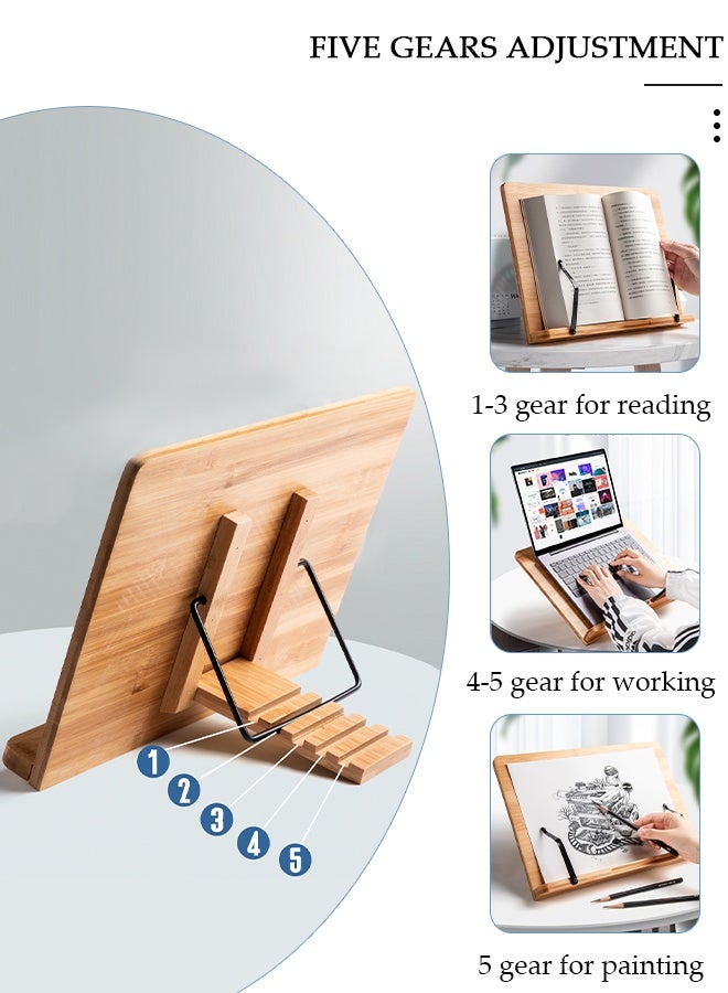 DUNISO حامل كتب خشبي، حامل كتب كبير مع 5 ارتفاعات قابلة للتعديل ومشابك صفحات، حامل كتب خشبي قابل للطي للكتب المدرسية والكتب الموسيقية والكمبيوتر اللوحي - Image 4