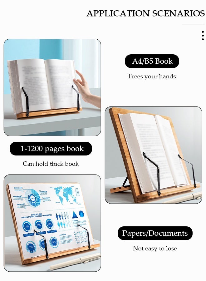 DUNISO حامل كتب خشبي، حامل كتب كبير مع 5 ارتفاعات قابلة للتعديل ومشابك صفحات، حامل كتب خشبي قابل للطي للكتب المدرسية والكتب الموسيقية والكمبيوتر اللوحي - Image 5