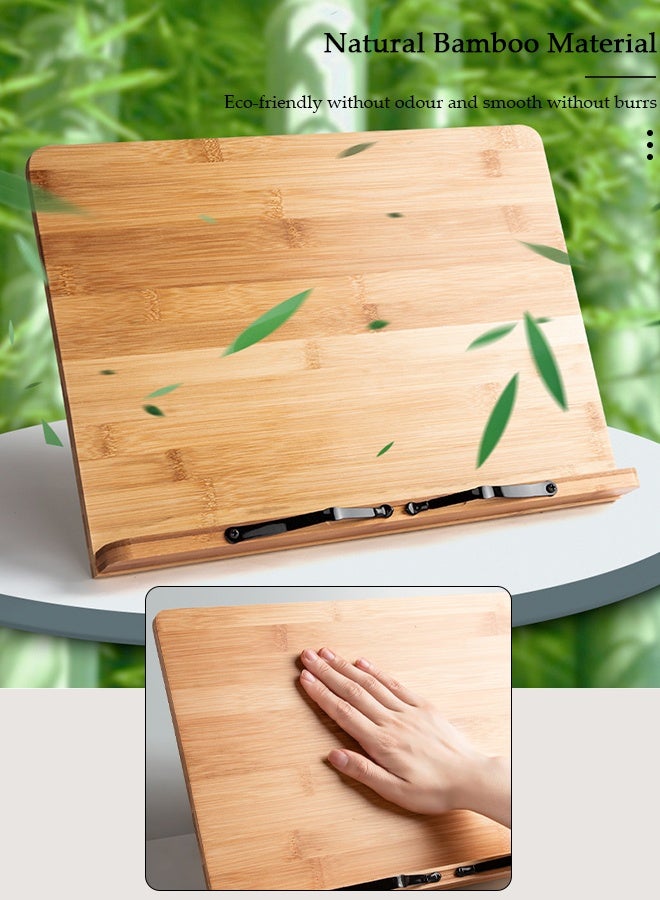 DUNISO حامل كتب خشبي، حامل كتب كبير مع 5 ارتفاعات قابلة للتعديل ومشابك صفحات، حامل كتب خشبي قابل للطي للكتب المدرسية والكتب الموسيقية والكمبيوتر اللوحي - Image 2