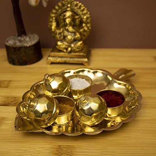 Spillbox Traditional Handcrafted Brass Thali Haldi kumkum Chandhan Holder Stand Plate with Lid for Pooja | Decorative Leaf Design Pooja Item for Mandir and Home Decor/Worship - 3 Leaf Bowl - Small - Image 2