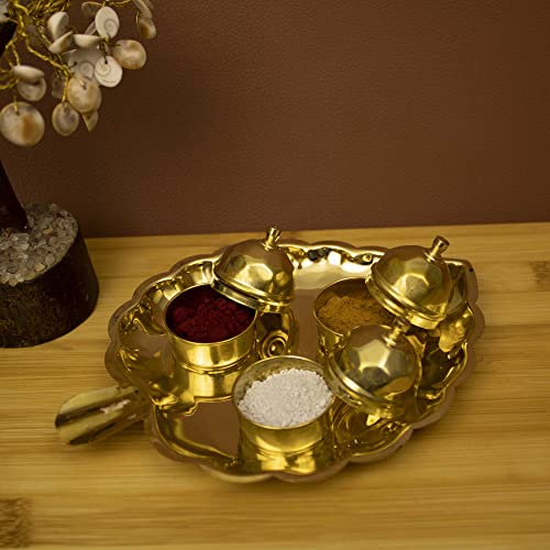 Spillbox Traditional Handcrafted Brass Thali Haldi kumkum Chandhan Holder Stand Plate with Lid for Pooja | Decorative Leaf Design Pooja Item for Mandir and Home Decor/Worship - 3 Leaf Bowl - Small - Image 3