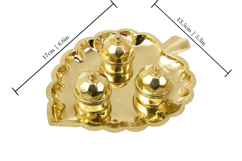 Spillbox Traditional Handcrafted Brass Thali Haldi kumkum Chandhan Holder Stand Plate with Lid for Pooja | Decorative Leaf Design Pooja Item for Mandir and Home Decor/Worship - 3 Leaf Bowl - Small - Image 5