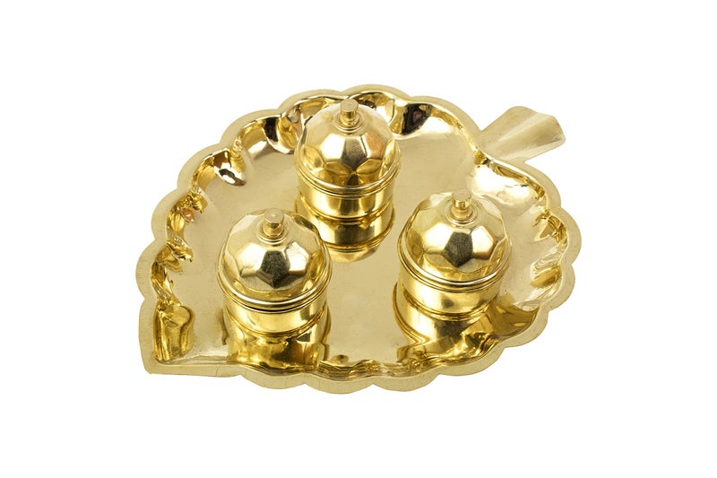 Spillbox Traditional Handcrafted Brass Thali Haldi kumkum Chandhan Holder Stand Plate with Lid for Pooja | Decorative Leaf Design Pooja Item for Mandir and Home Decor/Worship - 3 Leaf Bowl - Small - Image 1