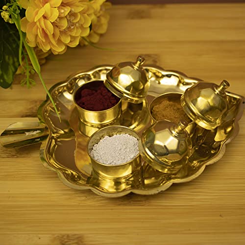 Spillbox Traditional Handcrafted Brass Thali Haldi kumkum Chandhan Holder Stand Plate with Lid for Pooja | Decorative Leaf Design Pooja Item for Mandir and Home Decor/Worship - 3 Leaf Bowl - Small - Image 4