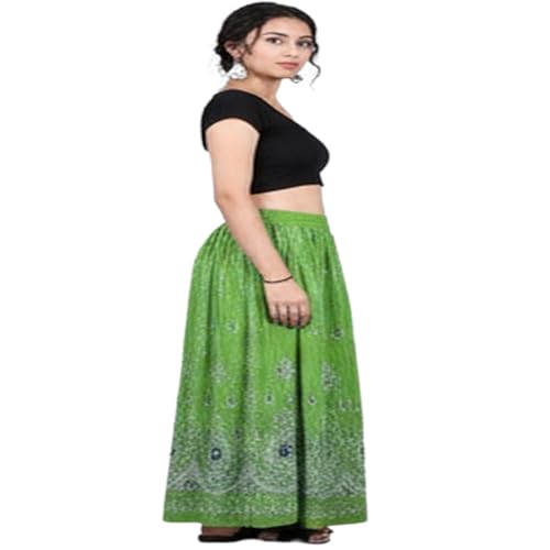 Ukal Traditional Long Skirt Lehenga With Printed Flowers and Embroidered Sequins for Women's and Girl's (Green) - Image 2