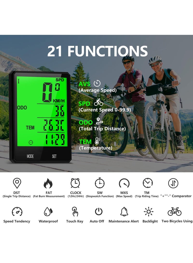 Bike Computer Waterproof Cycle Computers Wireless Bicycle Computer With 21 Functions Bike Speedometer With Lcd Backlight Display For Road Bikes Mountain Bikes Folding Bikes Ect