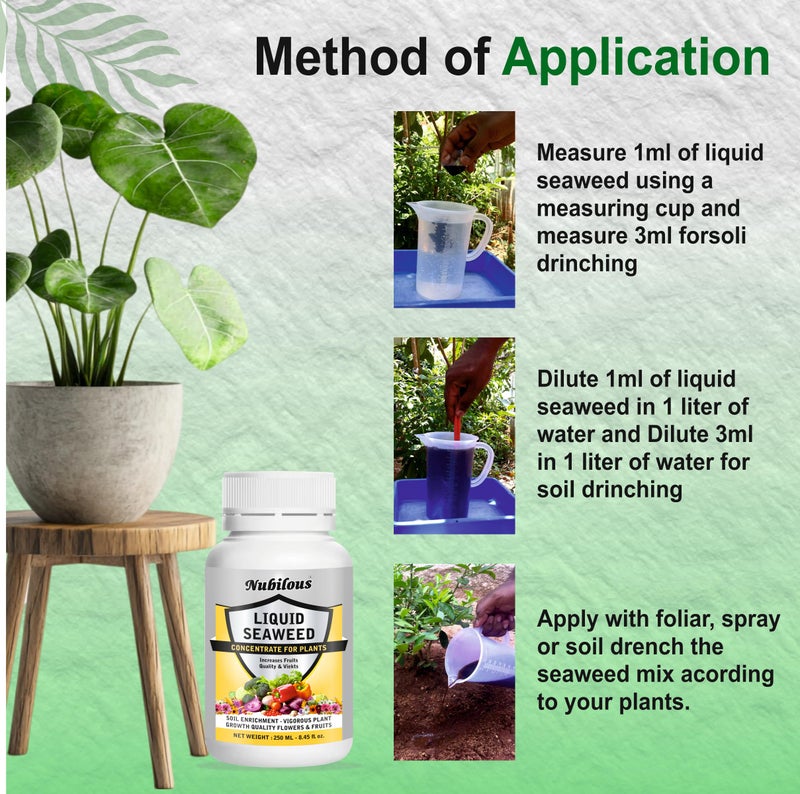 Nubilous 250 ML Liquid Seaweed Fertilizer Concentrate with Measuring Cup 25 ml for Indoor & Outdoor Plant - Growth Booster Plants Tonic For Speed Growth, Healthy Roots (250 ml (Pack of 1)) - Image 5