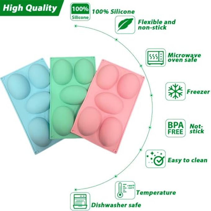BENEKIY 3 Pack 3D Big Easter Egg Silicone Molds, 5 Cavity Egg Shape Non-Stick Baking Molds Tray Diy Baking Tool Easter Egg Pan For Chocolate Cake Dessert Muffin Mousse Pastry Handmade Soap Crayons - Image 3