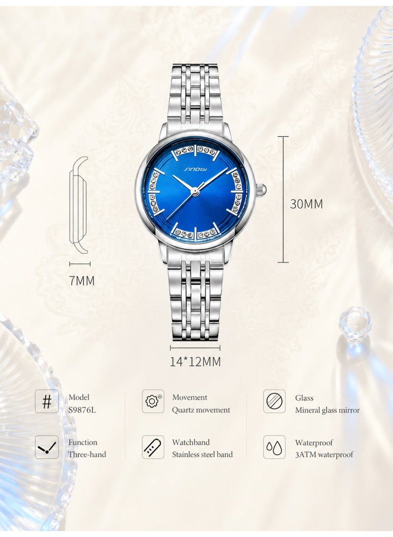 SINOBI Women’s Watch Set for Ladies Gifts for Her, Women’s Quartz Watch and Blue Bracelet Set, Silver Blue Light Luxury Watch Gift Set, 3ATM Waterproof Gift Box for Birthday Ramadan Eid Anniversary - Image 5