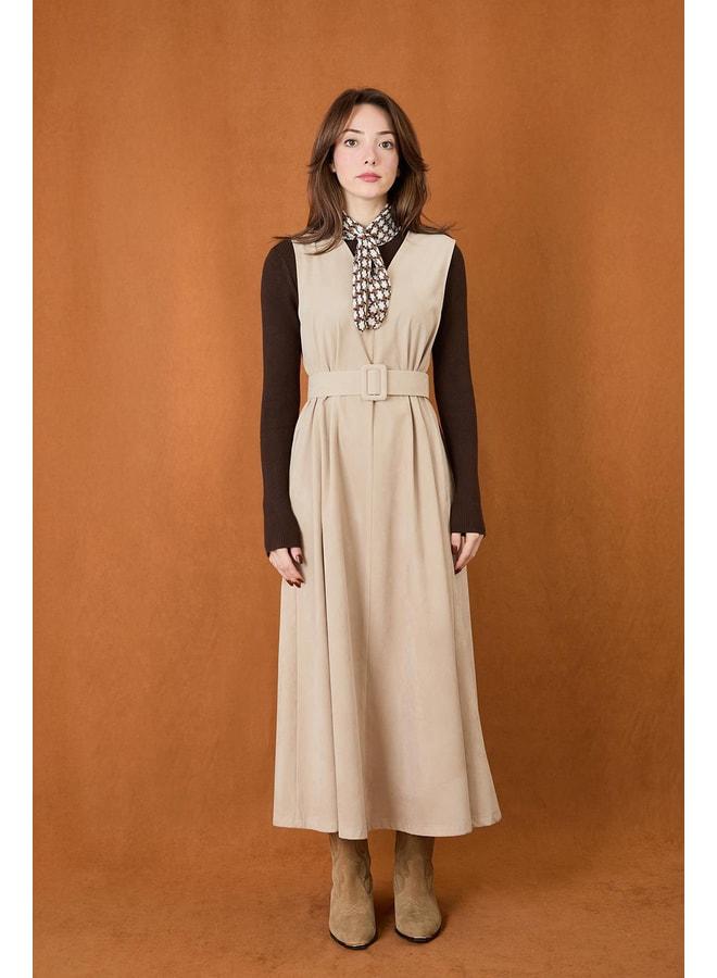 Soul Women's Belt-Detail V-Neck Suede Dress - 32406ELB - BEIGE. - Image 3