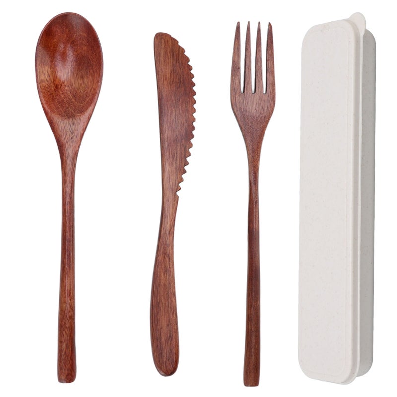 Wooden Cutlery Set Scratch Proof Portable Spoon Fork Cutter Tableware with Box for Dessert Salads Noodles - Image 1