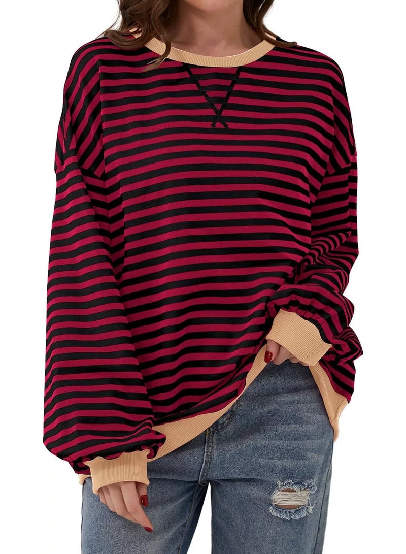 general Womens Striped Oversized Sweatshirt Crewneck Long Sleeve Shirts Pullover Tops Trendy Loose Y2K Shirt - Image 1