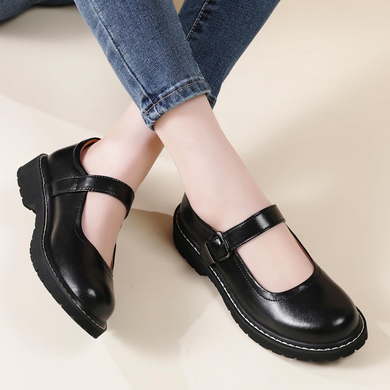 MXIKOCI Comfortable Mary Jane Shoes Women Platform Non-Slip Vintage Round Toe Ankle Strap Casual Oxford Dress Work Mary Jane Flat Shoes Black Size 6.5 - Image 2