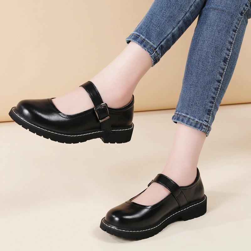 MXIKOCI Comfortable Mary Jane Shoes Women Platform Non-Slip Vintage Round Toe Ankle Strap Casual Oxford Dress Work Mary Jane Flat Shoes Black Size 6.5 - Image 5