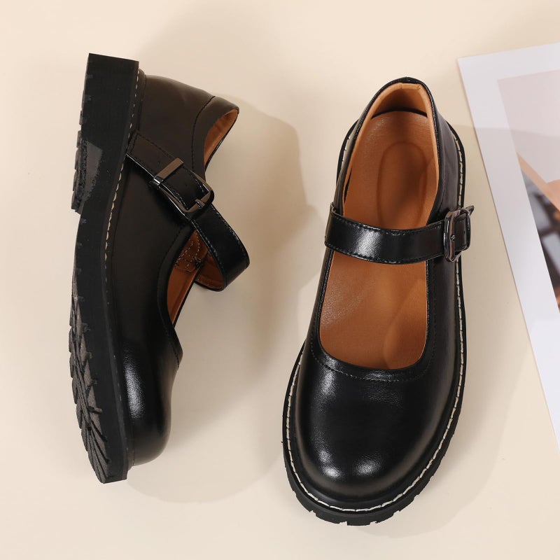MXIKOCI Comfortable Mary Jane Shoes Women Platform Non-Slip Vintage Round Toe Ankle Strap Casual Oxford Dress Work Mary Jane Flat Shoes Black Size 6.5 - Image 3