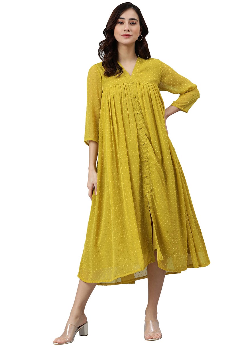 Janasya Women's Mustard Poly Chiffon Self Design Frontslit Dress - Image 1