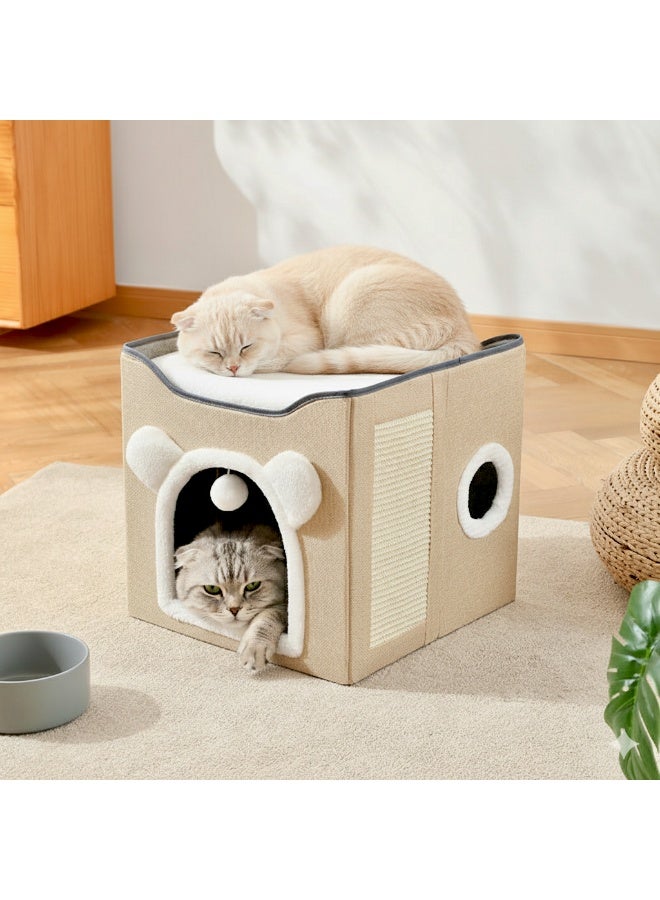 A.M Multifunction Cat House, Cat Bed for Indoor Cats, Cat Nest, Foldable Cat Cube Cave, Large Pet Play House with Fluffy Ball Hanging, Covered Cat Bed for Multi Small Pet Kitty(Grey) ﻿ - Image 1