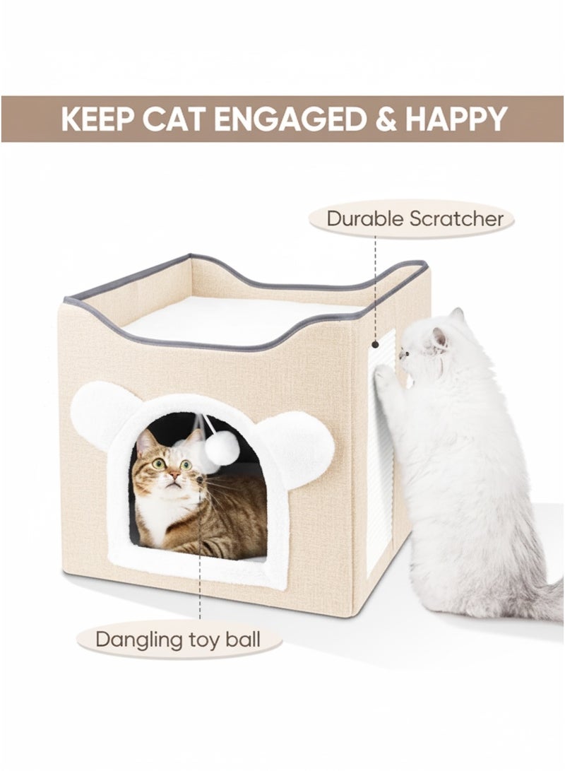 A.M Multifunction Cat House, Cat Bed for Indoor Cats, Cat Nest, Foldable Cat Cube Cave, Large Pet Play House with Fluffy Ball Hanging, Covered Cat Bed for Multi Small Pet Kitty(Grey) ﻿ - Image 2