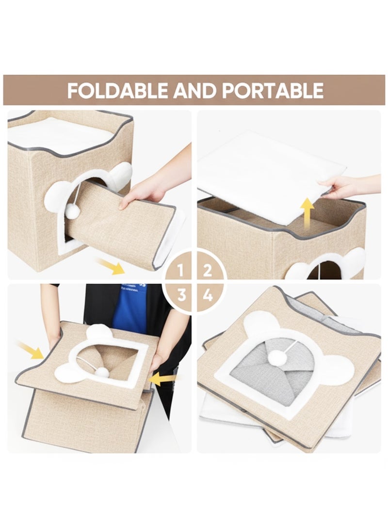 A.M Multifunction Cat House, Cat Bed for Indoor Cats, Cat Nest, Foldable Cat Cube Cave, Large Pet Play House with Fluffy Ball Hanging, Covered Cat Bed for Multi Small Pet Kitty(Grey) ﻿ - Image 5