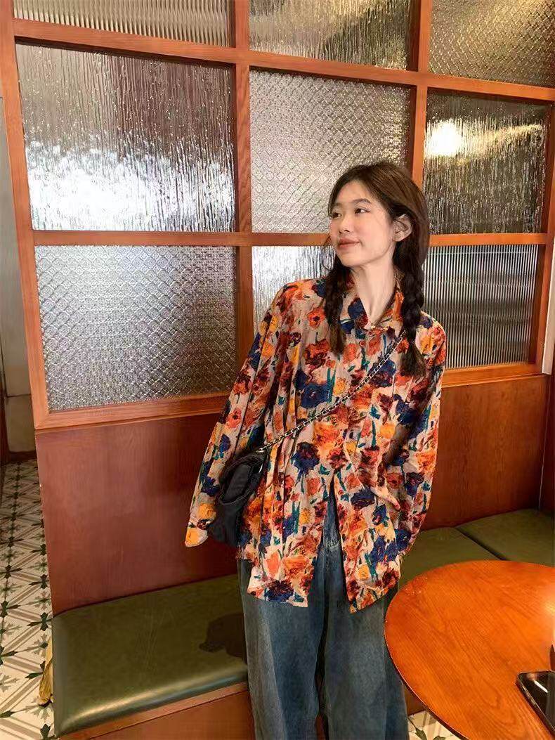 Sister gathering uniform wedding wedding bridesmaid group photo performance clothing 90s retro Hong Kong style floral shirt - Image 3