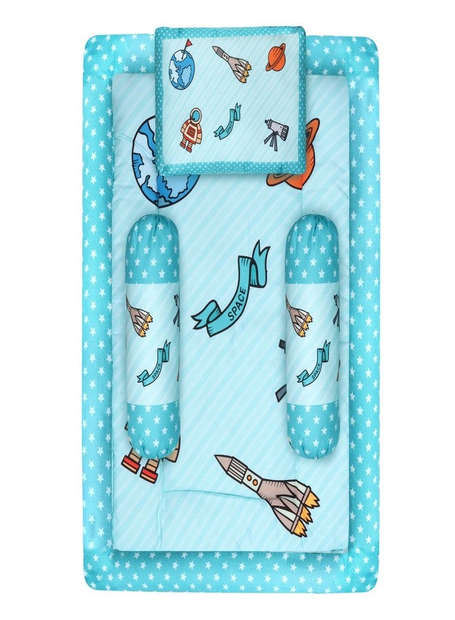 LOREM Blue 3 Pillows & Rectangle Shape Space Theme Cotton Baby Bed for 0-1 Year BB109 - Image 1