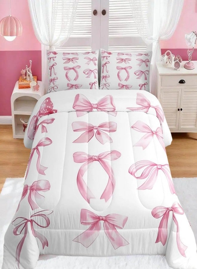 Feelyou Girls Pink Bow Comforter Set Full Size Girly Cute Bowknot Comforter for Boys Girls Teens Dreamy Princess Style Bow Bedding Set Kawaii Duvet Set - Image 1