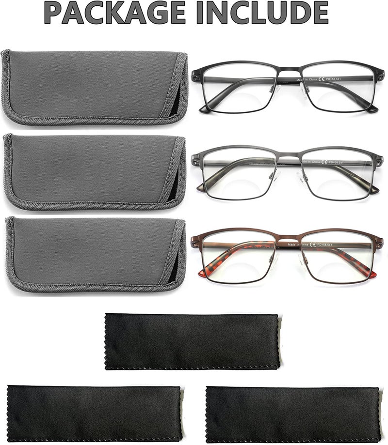 HOTJOJO 3 Pack Bifocal Reading Glasses for Men  Blue Light Blocking Computer Readers Anti UV Ray/Eye Strain/Glare  Wide Metal Frame Eyeglasses with Pouches(200 Magnification Strength) - Image 3