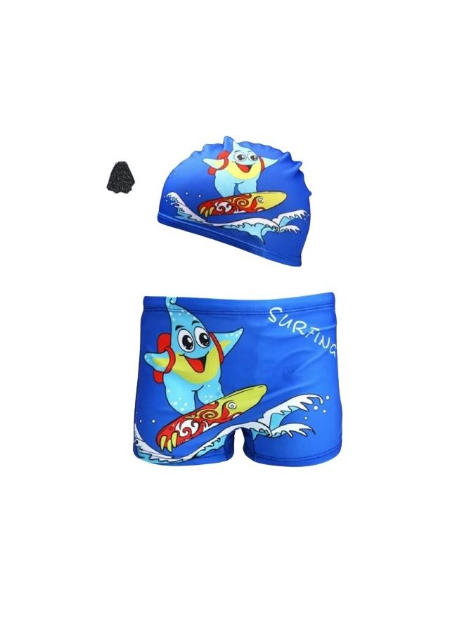 A boy's swimsuit, shorts and a cap, is blue and has drawings 