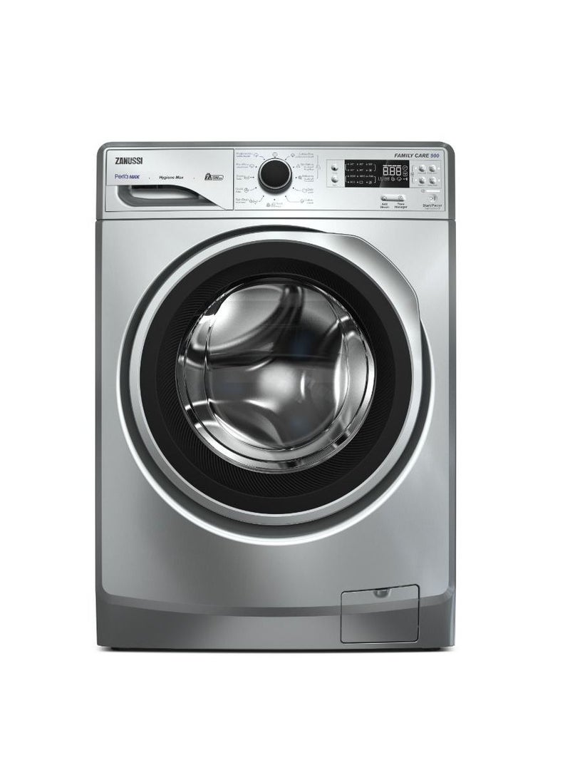 غسالة زانوسي PERLAMAX اتوماتك 7 كيلو تحميل امامى فضي باب اسود بإطار فضي ZWF7240SS6