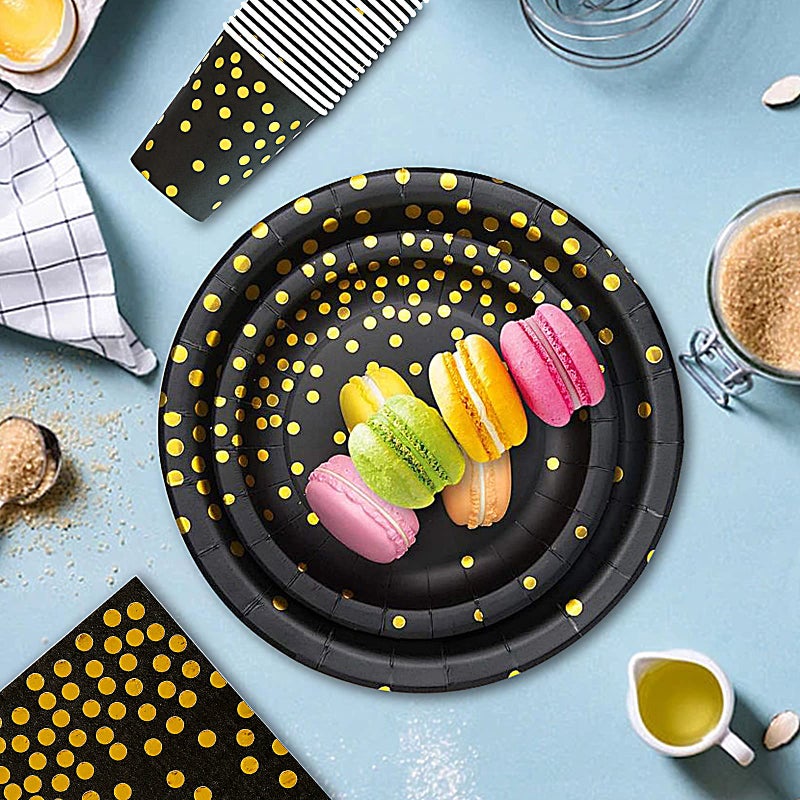 EVYIENEN 50 Pack Black and Gold Paper Plates  7inch Metallic Foil Polka Dots Disposable Dessert Party Plates Party Supplies for Graduation Birthday Party Weddings Holiday Christmas - Image 4