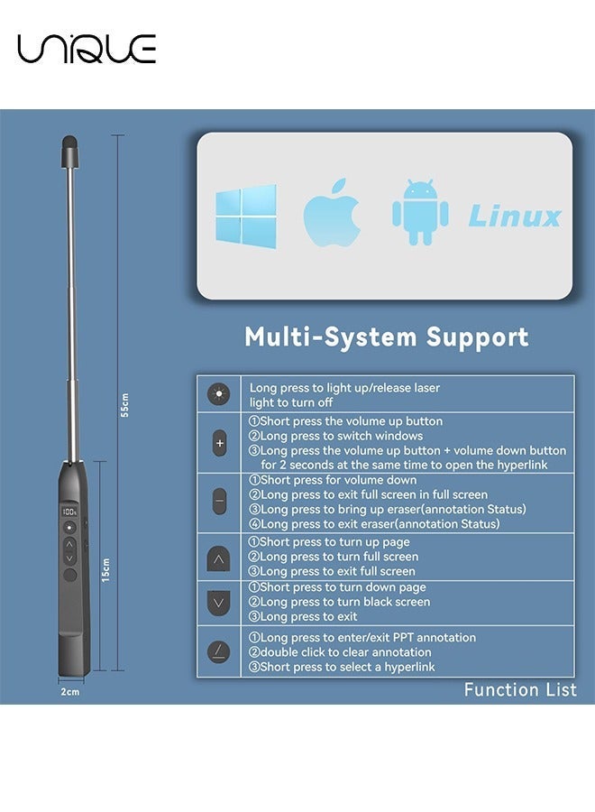 يونيك Wireless Presenter Clicker - جهاز النقر اللاسلكي للعرض التقديمي مع عصا المؤشر التلسكوبية - مؤشر إضاءة عن بعد قابل لإعادة الشحن مع قلم قلم بشاشة تعمل باللمس وشاشة رقمية - متوفر ل Keynote و PPT و Mac والكمبيوتر الشخصي والكمبيوتر المحمول - أسود - Image 2