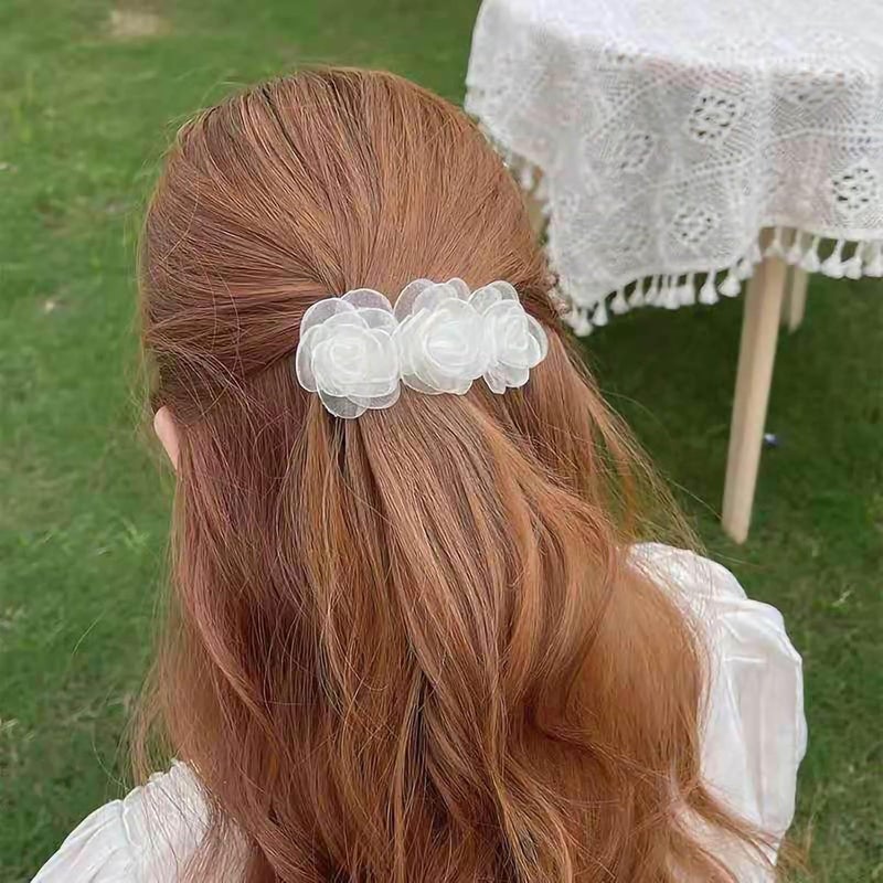 ZJchao Camellia Shaped Hair Elegant Exquisite Flower Barrette Non Slip Design Perfect for Women Girls Daily Work Dating Parties Cloth Material (Mesh White) - Image 1