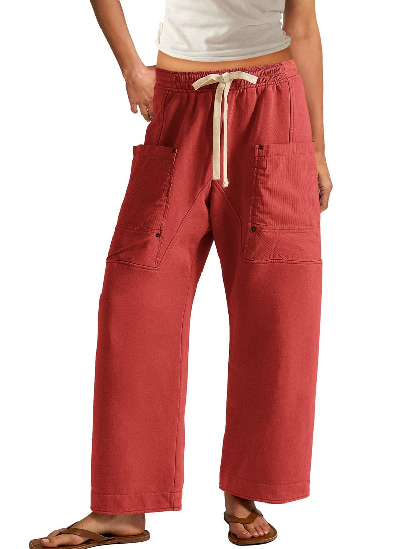 Panadila Women Wide Leg Pants Drawstring Barrel Sweatpants Baggy Cargo Pants Lounge Trousers with Pockets (Red,S) - Image 1