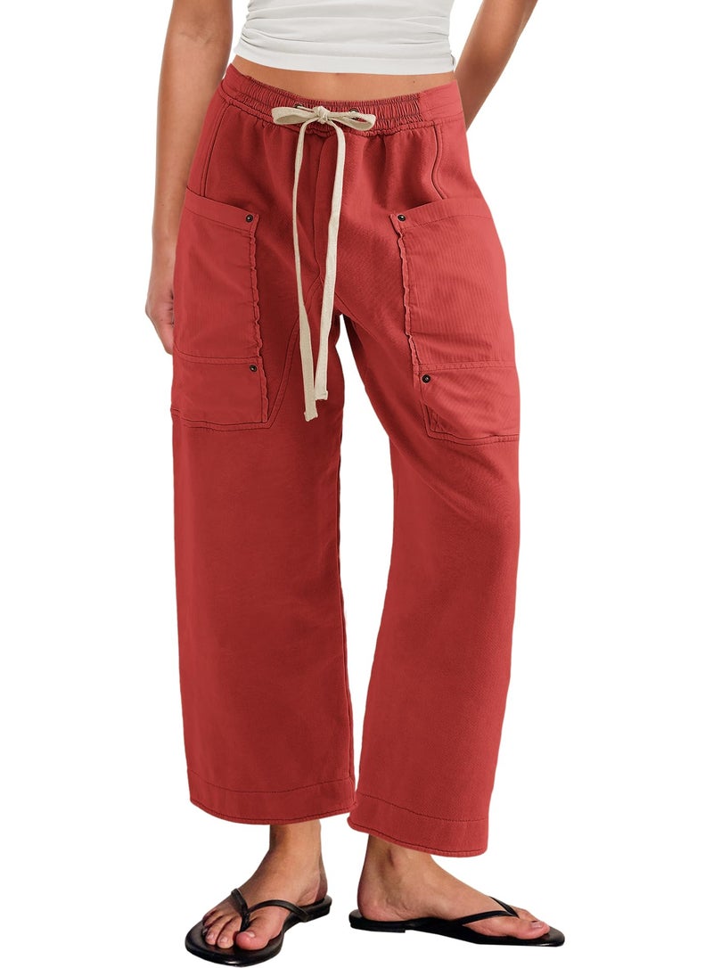 Panadila Women Wide Leg Pants Drawstring Barrel Sweatpants Baggy Cargo Pants Lounge Trousers with Pockets (Red,S) - Image 4