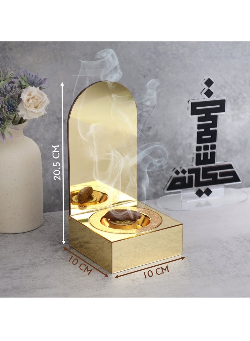 حكاية شمعة مبخره بخور مصنوعه من الاكريليك اللامع ، تحمل عبارة "الشهر مبارك" بتصميم مميز وبلون ذهبي - Image 2