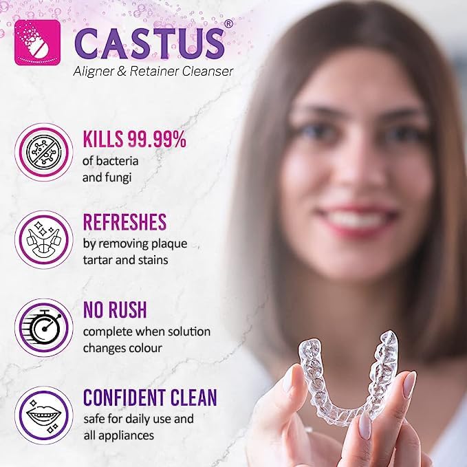 Castus Retainer & Aligners Cleanser Tablets (90 Tablets) oral care sanitizes and removes stains Ideal for all dental appliances - Aligners, Retainers and Mouthguards and CASTUS Manual Denture Brush (Pack Of 1) Easy Grip Handle (combo pack) - Image 5