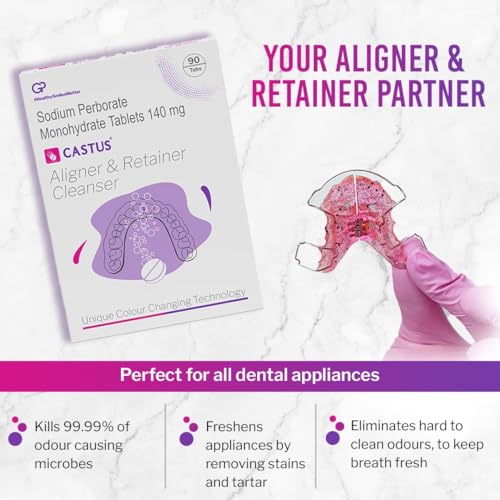 Castus Retainer & Aligners Cleanser Tablets (90 Tablets) oral care sanitizes and removes stains Ideal for all dental appliances - Aligners, Retainers and Mouthguards and CASTUS Manual Denture Brush (Pack Of 1) Easy Grip Handle (combo pack) - Image 4