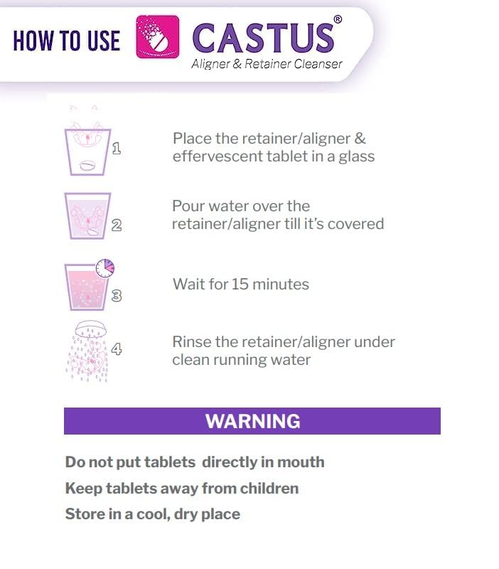 Castus Retainer & Aligners Cleanser Tablets (90 Tablets) oral care sanitizes and removes stains Ideal for all dental appliances - Aligners, Retainers and Mouthguards and CASTUS Manual Denture Brush (Pack Of 1) Easy Grip Handle (combo pack) - Image 3