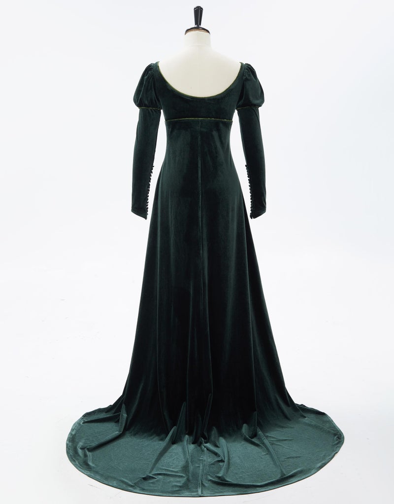 miccostumes Women's Medieval Renaissance Dress Queen Princess Cosplay Costume Empire Style Green Velvet Dress Low Neckline(XL) - Image 3